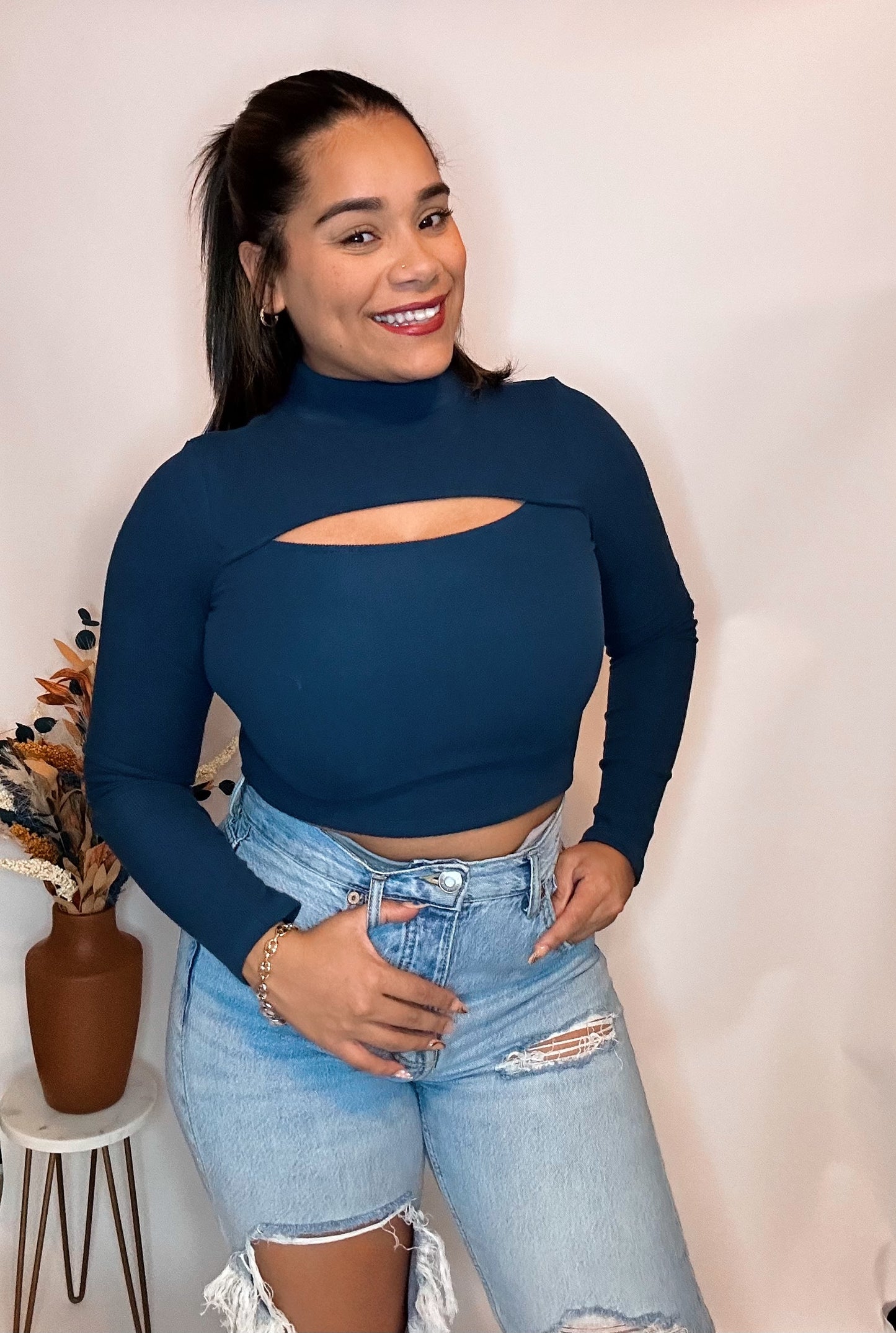 Navy Long Sleeve Crop Top