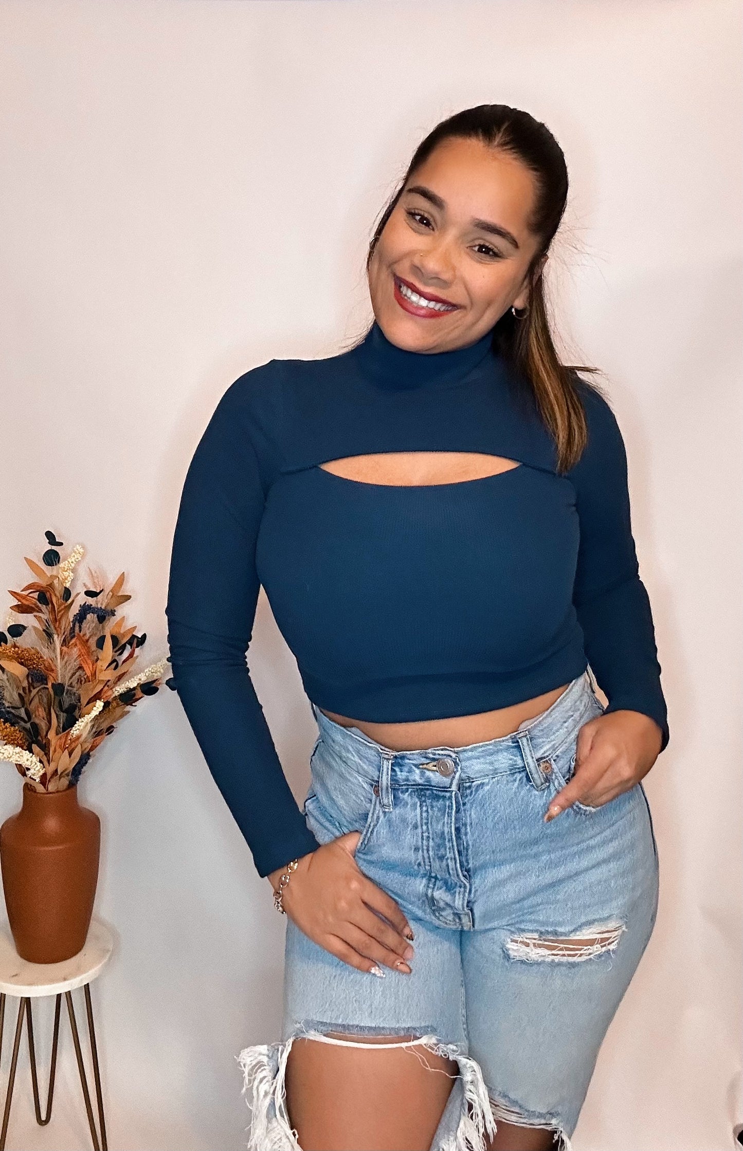 Navy Long Sleeve Crop Top